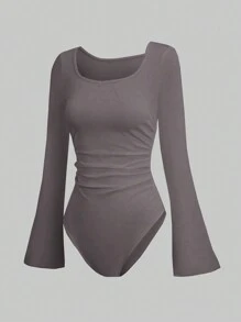 SHEIN Unity Của phụ nữ Tay áo loe Xù Áo liền quần chặt - Xám - Xem 3