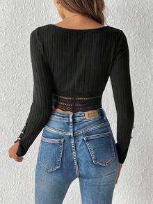 SHEIN Frenchy Quý cô Trang trí ren Hem Áo thun - màu đen - Xem 2