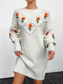 SHEIN 女性花卉圖案落肩袖小絨球針織毛衣洋裝