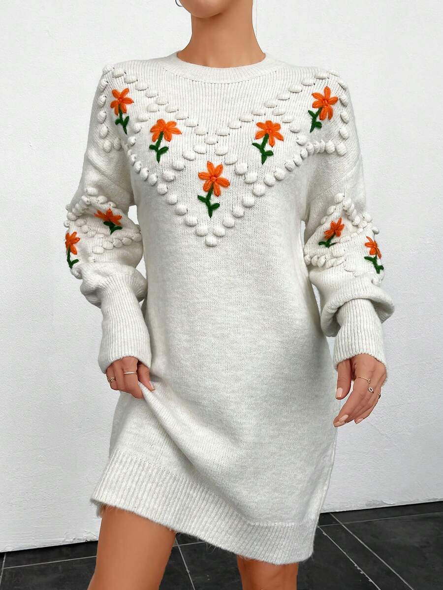 SHEIN 女性花卉圖案落肩袖小絨球針織毛衣洋裝