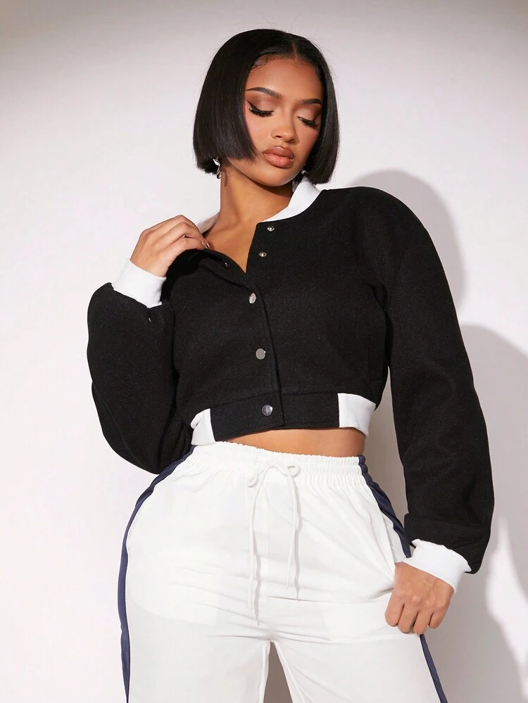 Sexy Clubwear Varsity Jacket, Autumn & Winter Casual Women'S Short Woolen Coat With Color Blocking Design