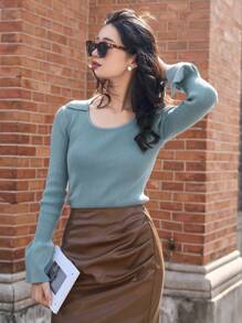 Dazy Star Solid Flounce Sleeve Sweater - Blue - View 6