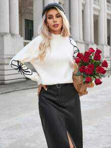 SHEIN Privé Quý cô Dệt kim Hoa Áo len - Màu be - Xem 1