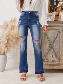 SHEIN LUNE High Waist Flared Jeans With Distressed Design - Medium Wash - View 1