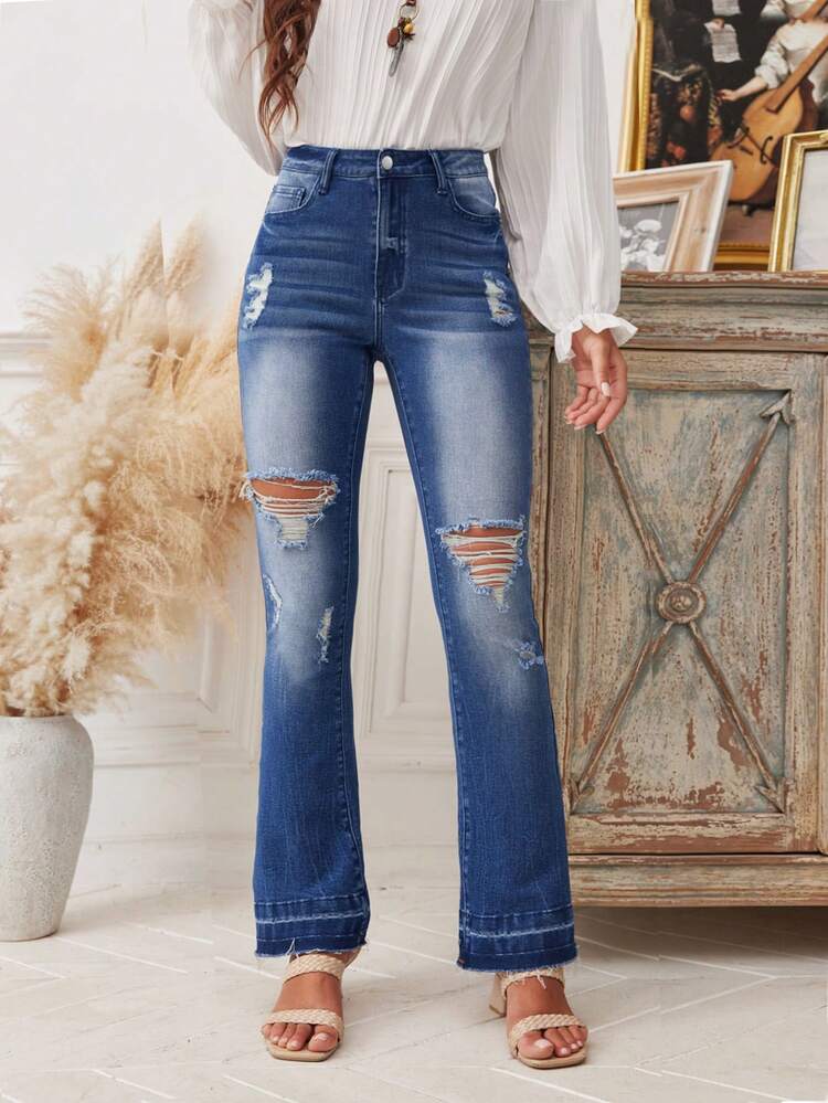 High Waist Flared Jeans With Distressed Design
