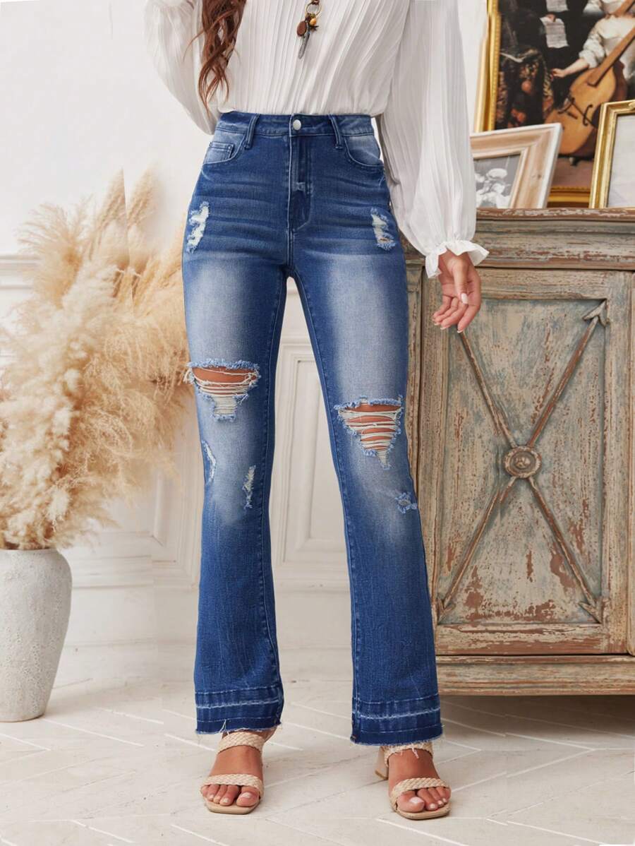 SHEIN LUNE High Waist Flared Jeans With Distressed Design - Medium Wash - View 1
