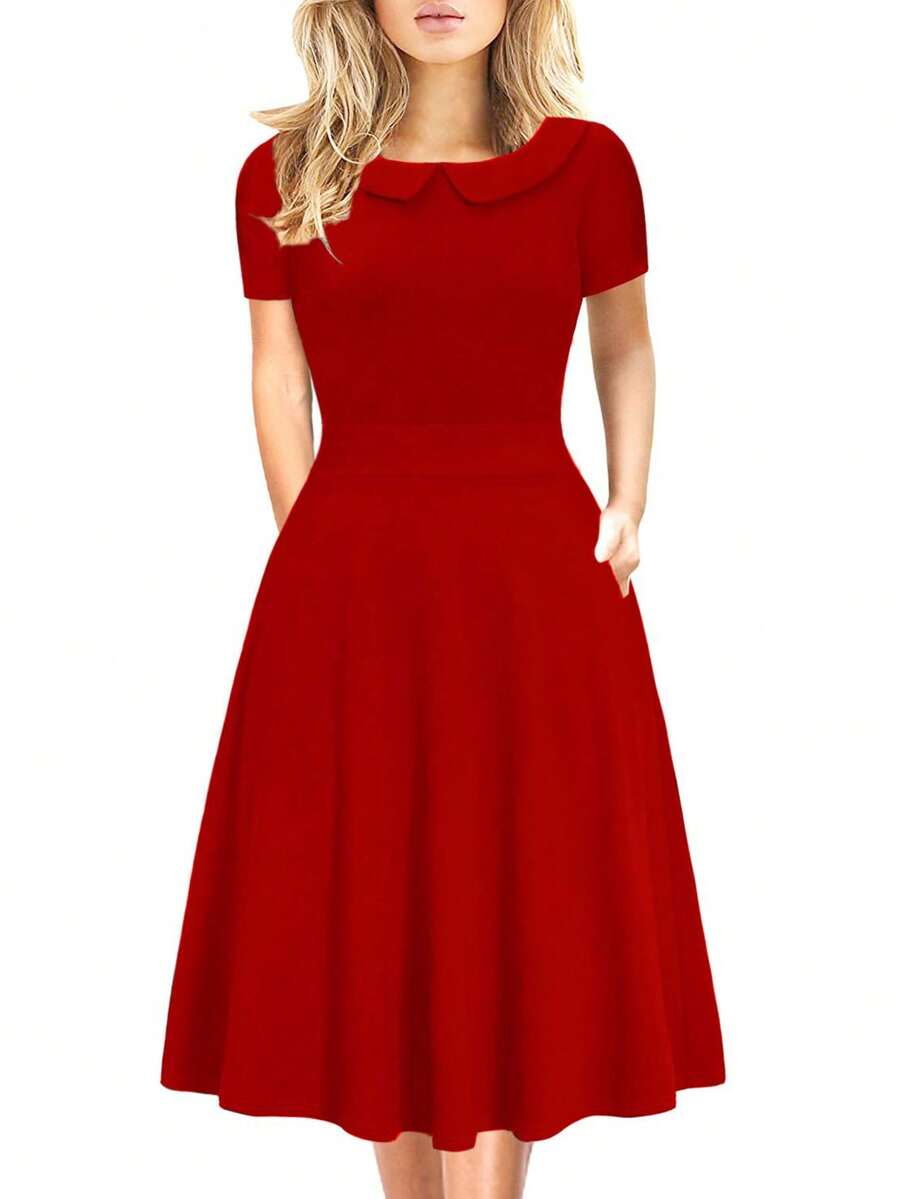 Peter Pan Collar Solid Dress - Red - View 1