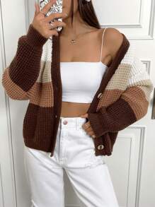 SHEIN Unity 拼色下落肩前扣釦針織羊毛衫 - 彩色 - 查看 1