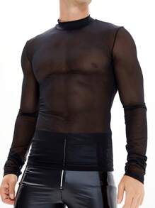 男士性感網眼長袖t恤 - 黑色 - 查看 4