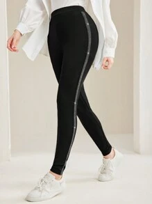 Mulvari Contrast Color Mesh Panel Textured Leggings - Black - View 1