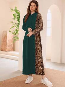 Mulvari 女士綠色豹紋印花和束腰設計的連帽長袖裙 - 綠色 - 查看 5