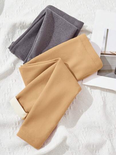 SHEIN 2pcs/Set Young Girl' Casual Comfort Solid Color Warm Fleece Leggings Sets Chic Outfits For Autumn/Winter