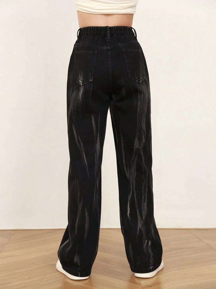 Teen Girls' Sandblasted & Flowers Pattern Black Jeans