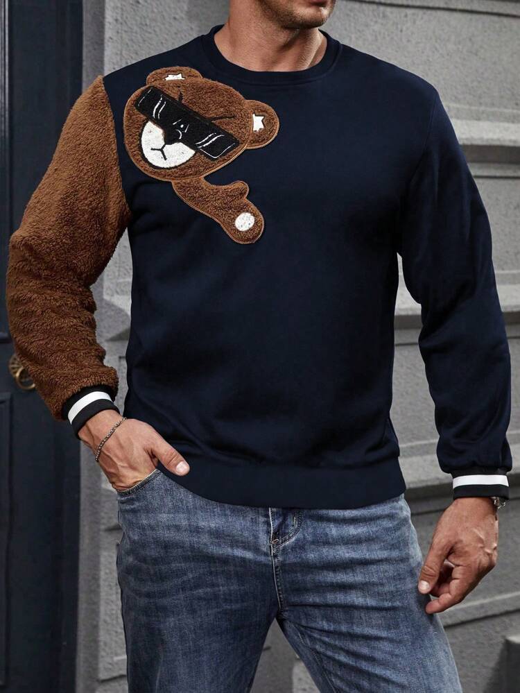 Cartoon Bear Pattern Long Sleeve Men'S Plus Size Sweatshirt