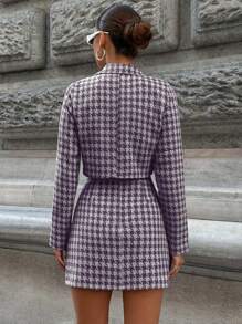 SHEIN Cottnline Ladies' Houndstooth Blazer And Pants Set With Flap Pockets - Navy Blue - View 2