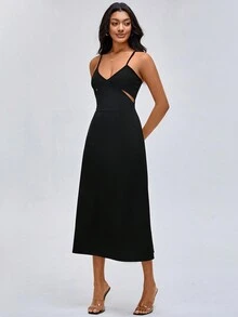 Growing Cut Out Split Thigh Cami Dress - Black - View 3