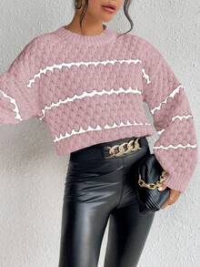 SHEIN Essnce Round Neck Striped Drop Shoulder Sweater Pullover - Dusty Pink - View 6