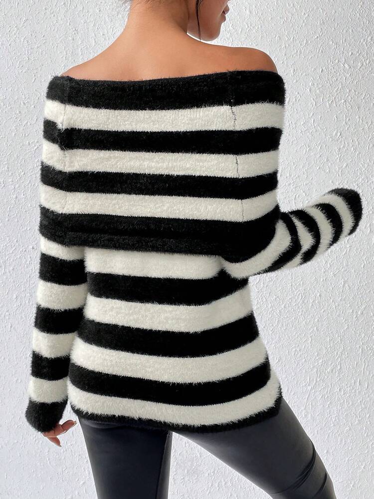 Women's Striped Boat Neck Knit Pullover Fall Winter Sweater