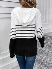 SHEIN LUNE In sọc Một nửa khóa kéo Dây rút áo có mũ Áo thun - Nhiều màu - Xem 2