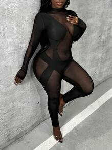 Slaydiva Mesh Insert Unitard Jumpsuit - Black - View 6