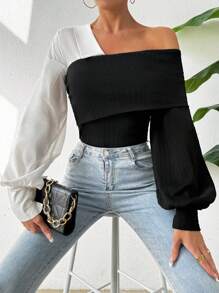 SHEIN Essnce Top De Cuello Asimétrico Con Bloques De Color Para Mujeres - Negro - Ver 6