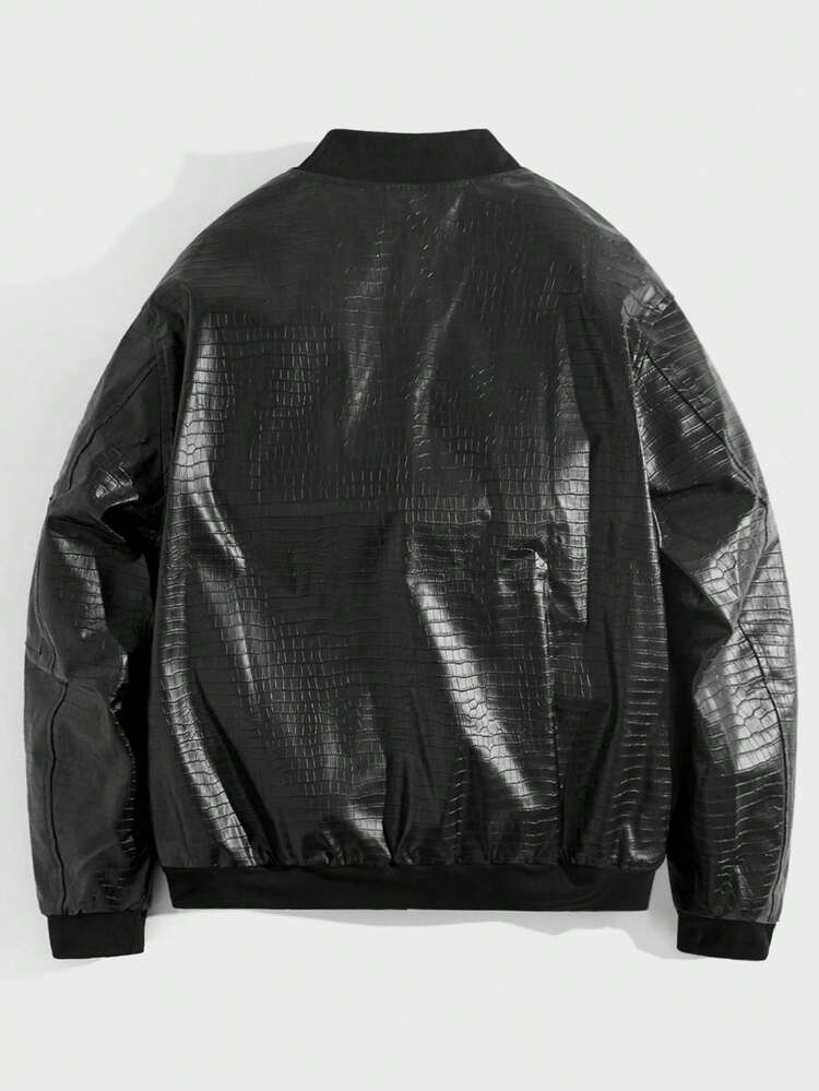 1pc Oversized Crocodile Pattern Zip Up PU Leather Jacket, For Fall Winter