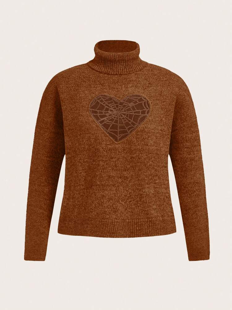 Plus Size Women's Long Sleeve Turtleneck Heart And Spider Web Pattern Sweater
