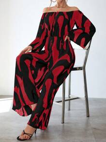 SHEIN Privé 女性圖案一字肩闊腿連體褲 - 紅色 - 查看 4