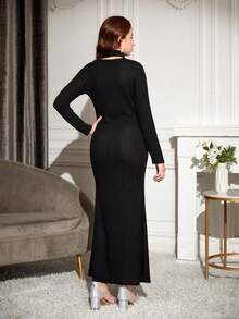 Cô gái Giải trí Và Thoải mái Đen Halter Neck Tay áo dài Đầm - màu đen - Xem 2