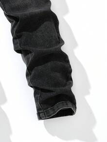 Tween 男孩水洗復古街頭風格拼布裝飾彈性牛仔褲 - 黑色 - 查看 5