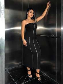 SHEIN ICON 加大號拉鍊前開筒裙 - 黑色 - 查看 5