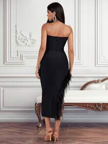 Asymmetric Fluffy Patchwork Form-Fitting Dress - Black - View 2