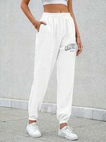 RueChic Women's Letter Pattern Joggers - White - View 5