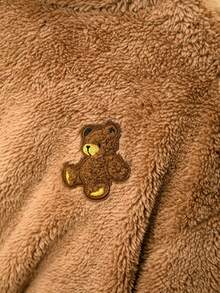 SHEIN Tween Girl Bear Embroidery Twist Hem Flannel Pullover - Black - View 4