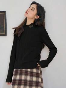 FRIFUL 女式花卉刺绣立领T恤，秋季服装长袖女式上衣 - 黑色 - 查看 4