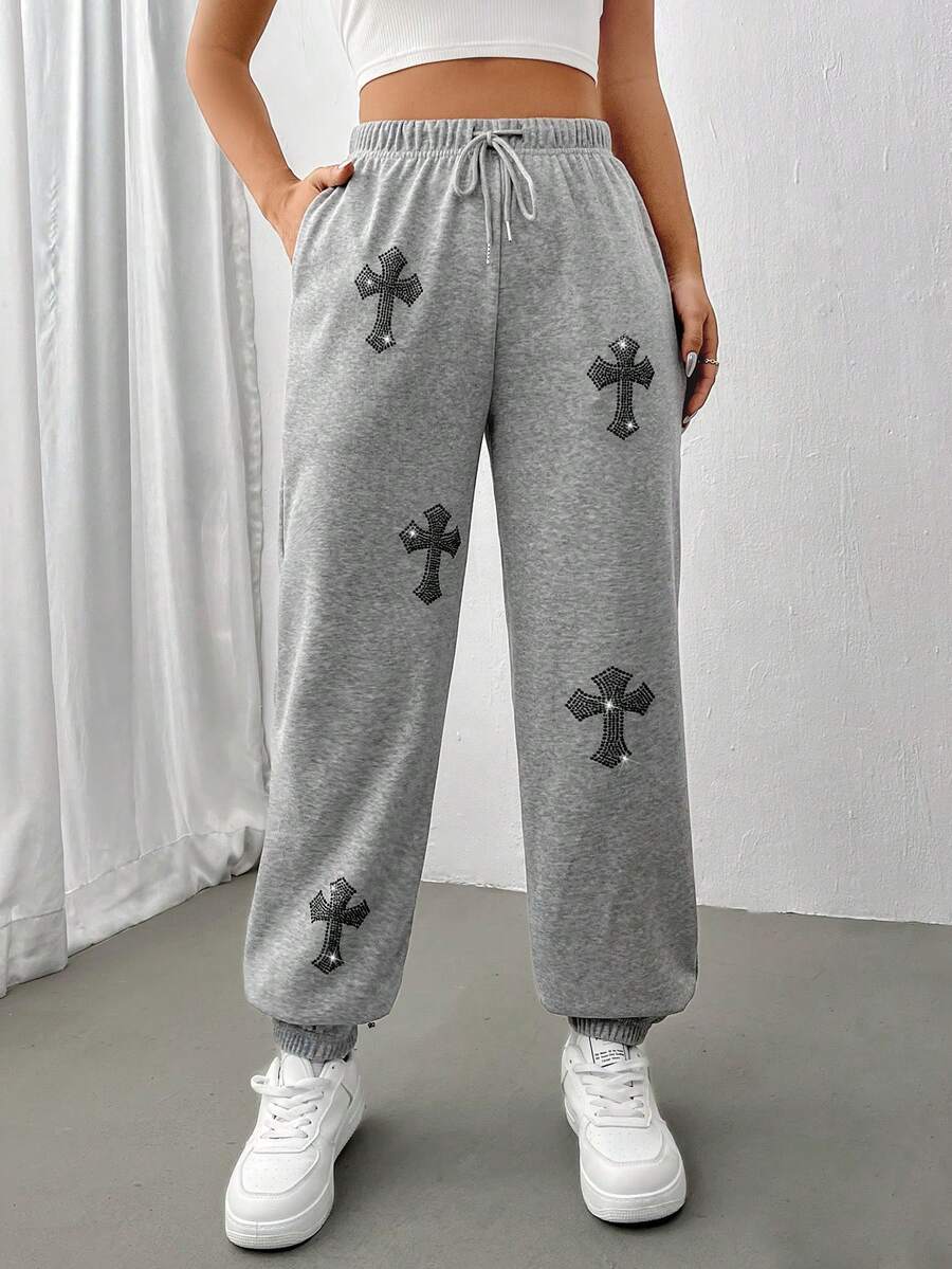 SHEIN Unity Rhinestone Cross Pattern Drawstring Waist Sweatpants - Grey - View 1