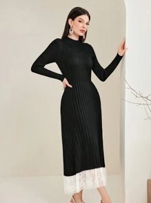 Modelyn Women's Patchwork Lace Detail Ribbed Knitted Sweater Dress With Round Neckline, Without Waist Belt Fall Cloth For Women - Black - View 1