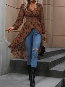 SHEIN LUNE 隨機印花女款長袖襯衫 - 棕色 - 查看 3