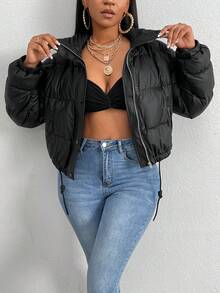 Slaydiva Abrigo acolchado con cremallera delantera, mangas caídas, cordón ajustable en el dobladillo - Negro - Ver 2