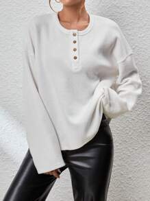 SHEIN Essnce 女式纯色落肩纽扣细节 T 恤 - 米色 - 查看 1