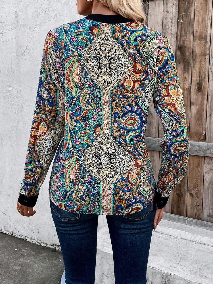 Paisley Print Contrast Trim Blouse Fall Cloth For Women