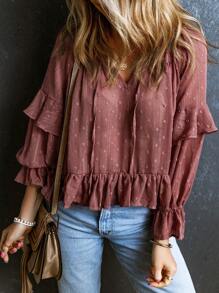 Chấm Swiss tay áo lá sen Viền Ruffle Cà vạt Áo sơ mi Peplum - Đỏ - Xem 1