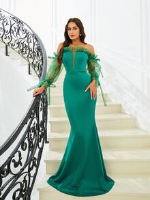 Missord 女士露肩網紗氣球袖晚禮服(重負荷款式) - 綠色 - 查看 7