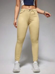 SHEIN EZwear High Waist Skinny Jeans - Khaki - View 1