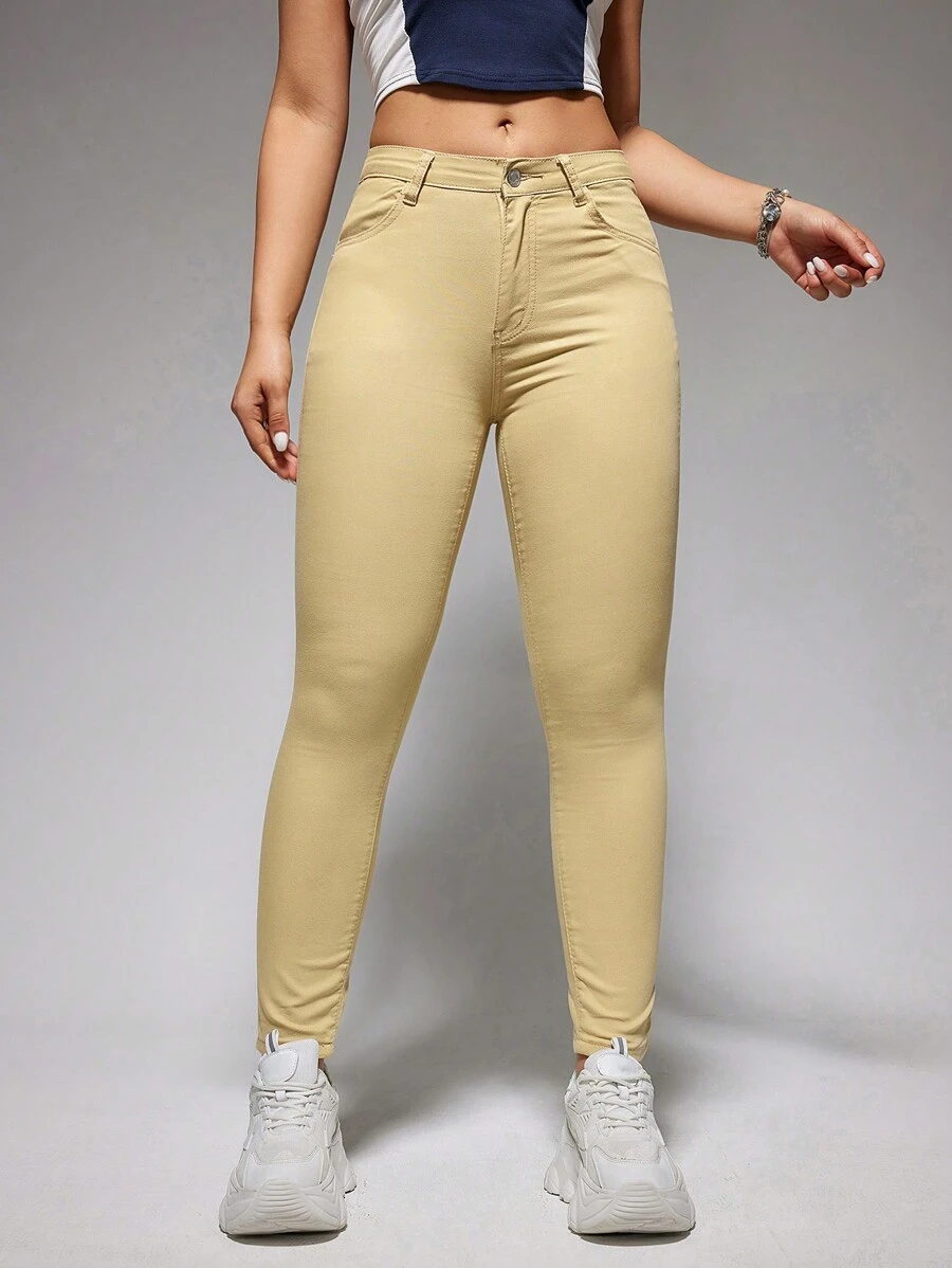 SHEIN EZwear High Waist Skinny Jeans - Khaki - View 1