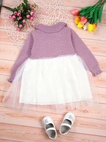Baby Girls' Contrast Mesh Knit Sweater Dress - Purple - View 2