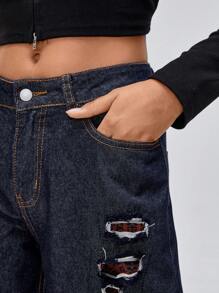 NAJILARAQUELDESIGNS Designer Women High Waist Ripped Straight Leg Cowgirl Jeans, For Holiday, Festival - Navy Blue - View 3