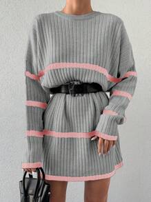 EURMUSE 落肩條紋寬鬆毛衣(不含腰帶) - 灰色 - 查看 3