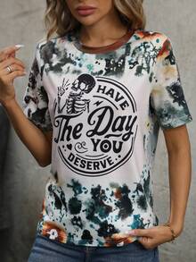 SHEIN LUNE 扎染标语图案 T 恤 图案 T 恤 女式上衣 - 杏色 - 查看 5