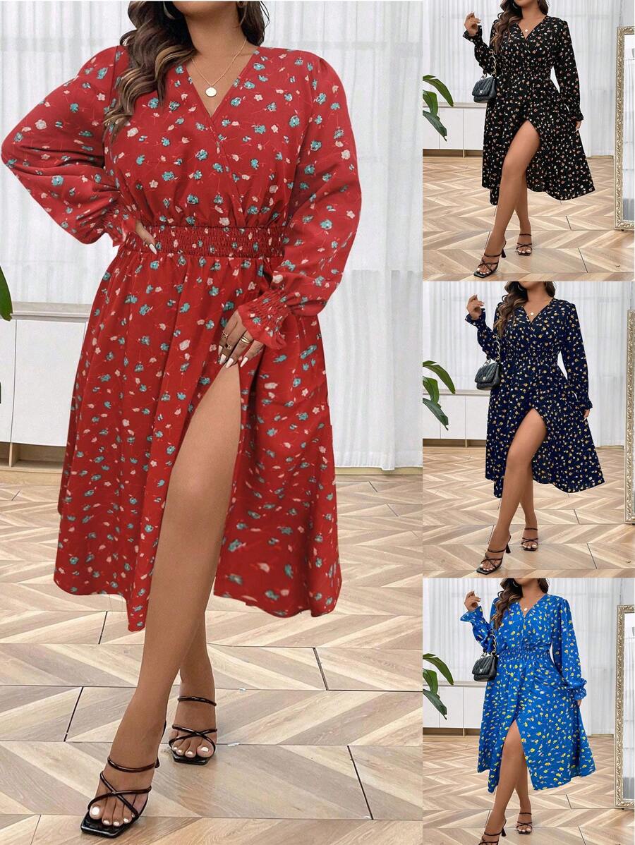 SHEIN LUNE Hơn In hoa Ditsy tay áo lá sen Váy Wrap Hem - màu đen - Xem 1